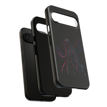 Dark Hoodie Shadow Warrior Phone Case – Protective Tough Case with Neon Winged Grim Reaper Design
