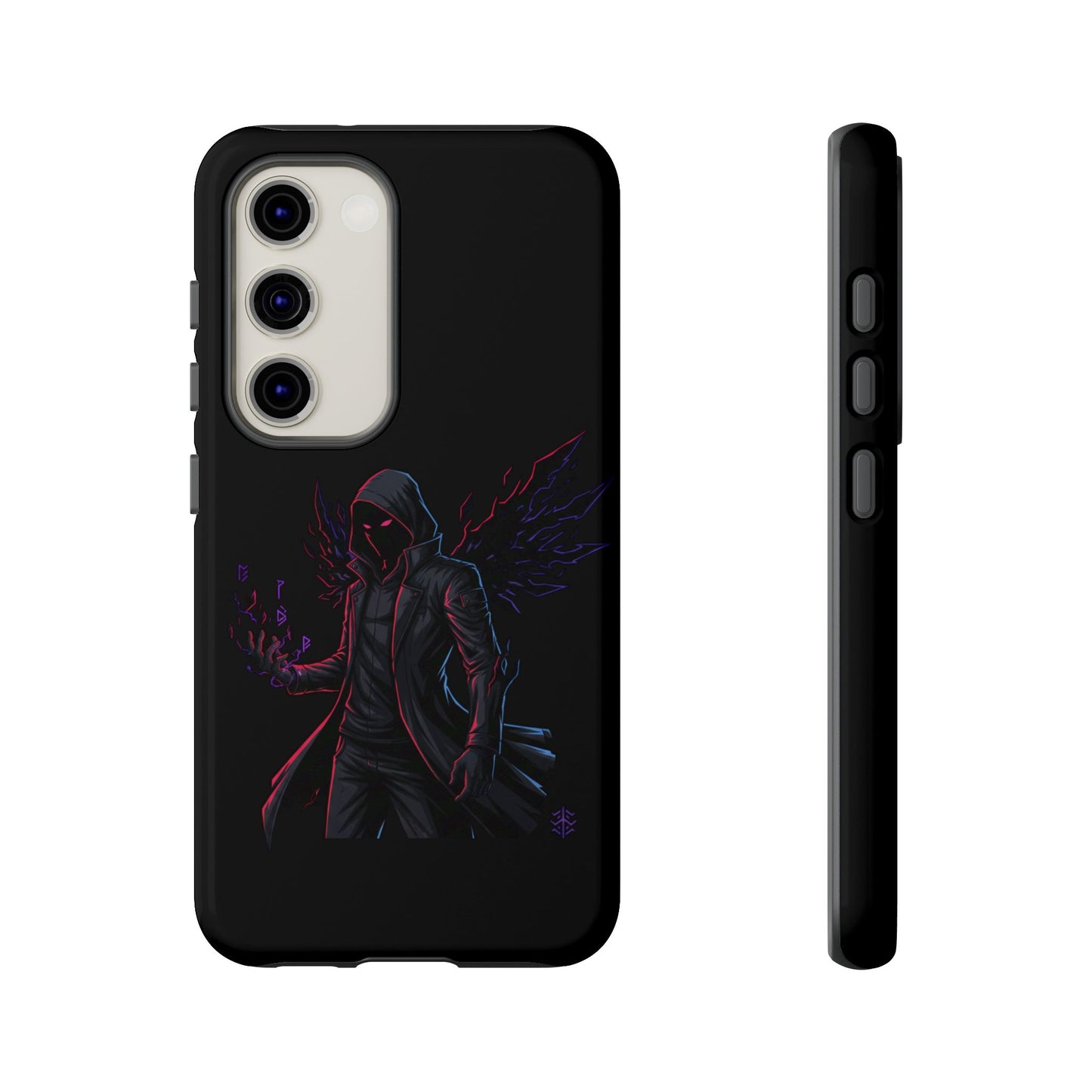 Dark Hoodie Shadow Warrior Phone Case – Protective Tough Case with Neon Winged Grim Reaper Design