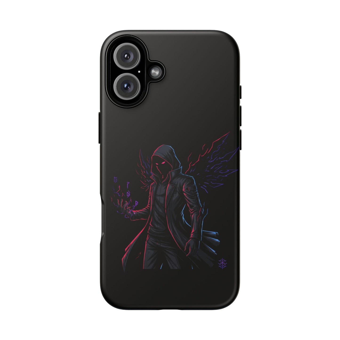 Dark Hoodie Shadow Warrior Phone Case – Protective Tough Case with Neon Winged Grim Reaper Design