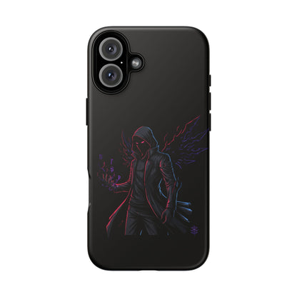 Dark Hoodie Shadow Warrior Phone Case – Protective Tough Case with Neon Winged Grim Reaper Design