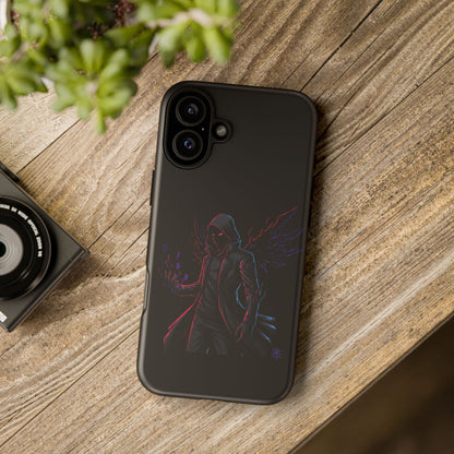 Dark Hoodie Shadow Warrior Phone Case – Protective Tough Case with Neon Winged Grim Reaper Design