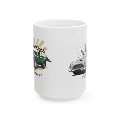 Classic Car Ceramic Mug — Vintage Land Rover & Aston Martin Illustration (11oz, 15oz)