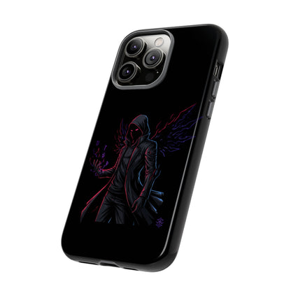 Dark Hoodie Shadow Warrior Phone Case – Protective Tough Case with Neon Winged Grim Reaper Design