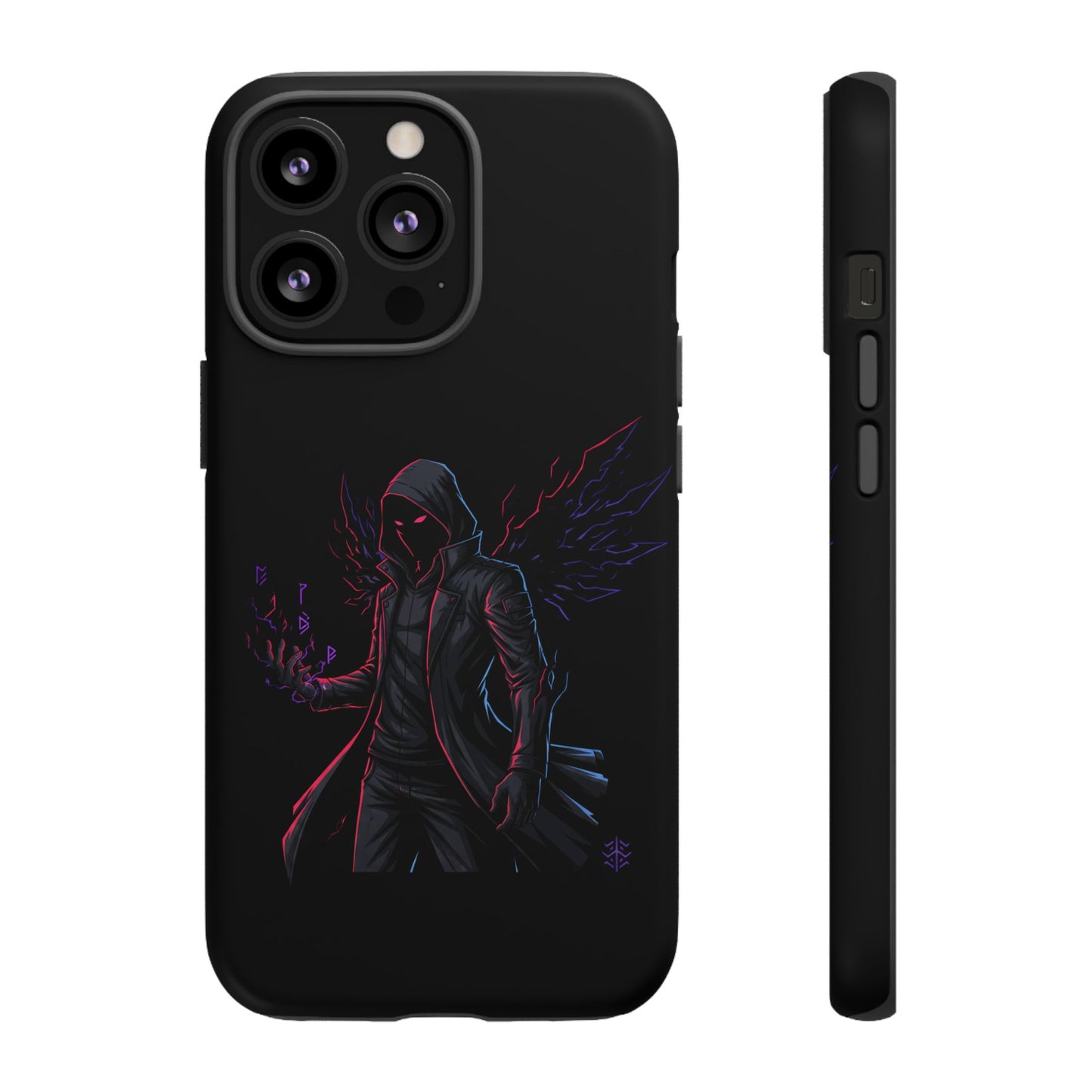 Dark Hoodie Shadow Warrior Phone Case – Protective Tough Case with Neon Winged Grim Reaper Design