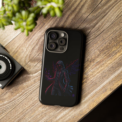 Dark Hoodie Shadow Warrior Phone Case – Protective Tough Case with Neon Winged Grim Reaper Design
