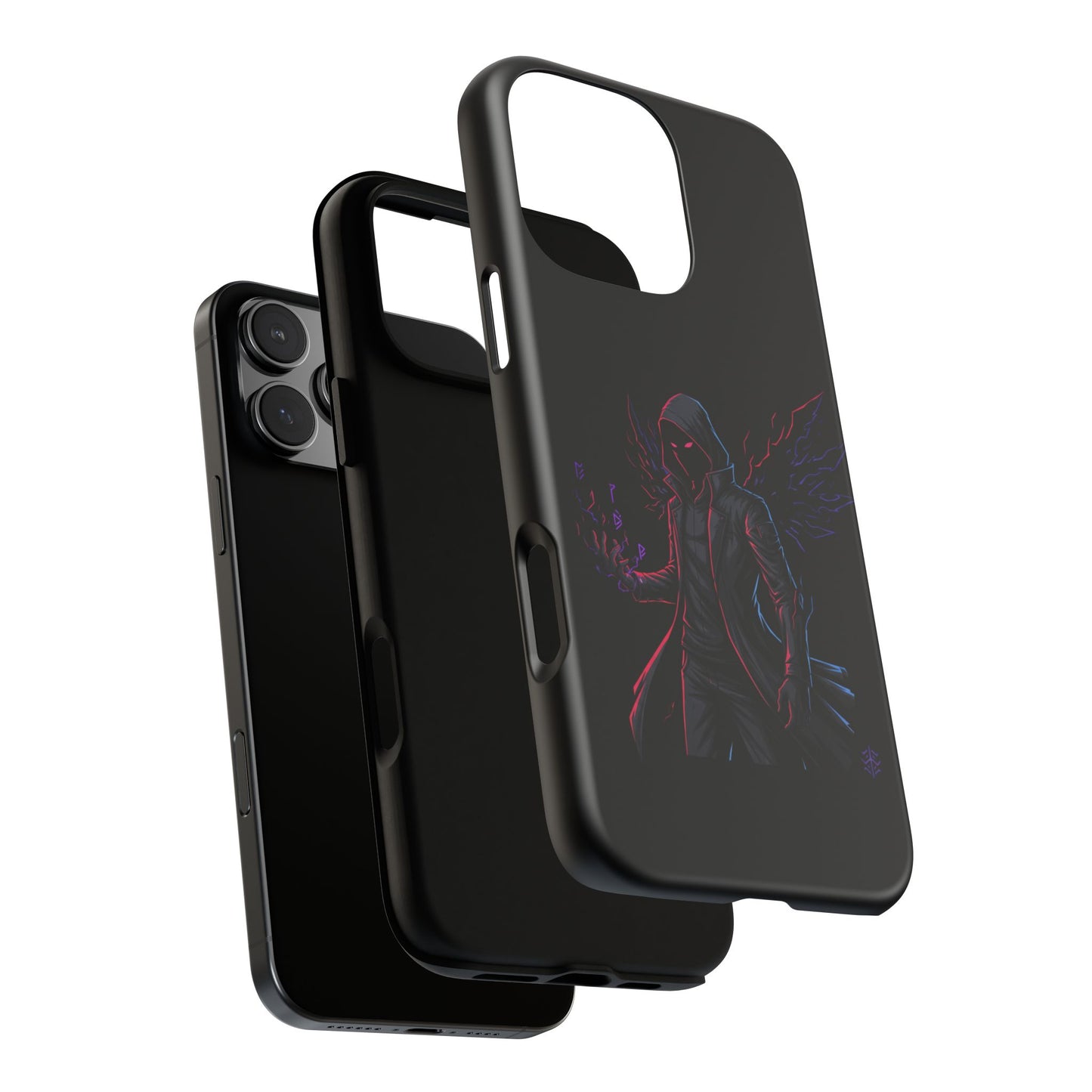 Dark Hoodie Shadow Warrior Phone Case – Protective Tough Case with Neon Winged Grim Reaper Design