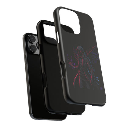Dark Hoodie Shadow Warrior Phone Case – Protective Tough Case with Neon Winged Grim Reaper Design
