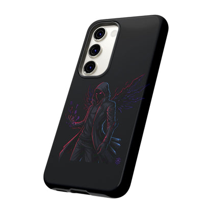 Dark Hoodie Shadow Warrior Phone Case – Protective Tough Case with Neon Winged Grim Reaper Design