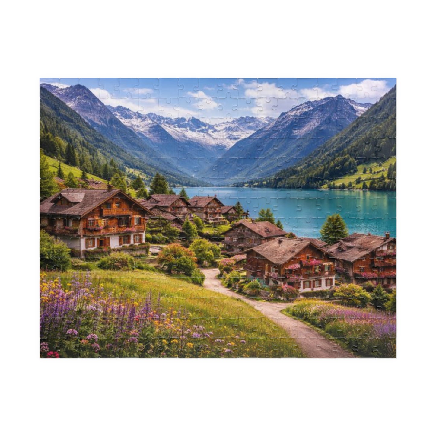 Scenic Alpine Lakeside Village Jigsaw Puzzle — 110/252/520/1014 pcs