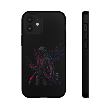 Dark Hoodie Shadow Warrior Phone Case – Protective Tough Case with Neon Winged Grim Reaper Design