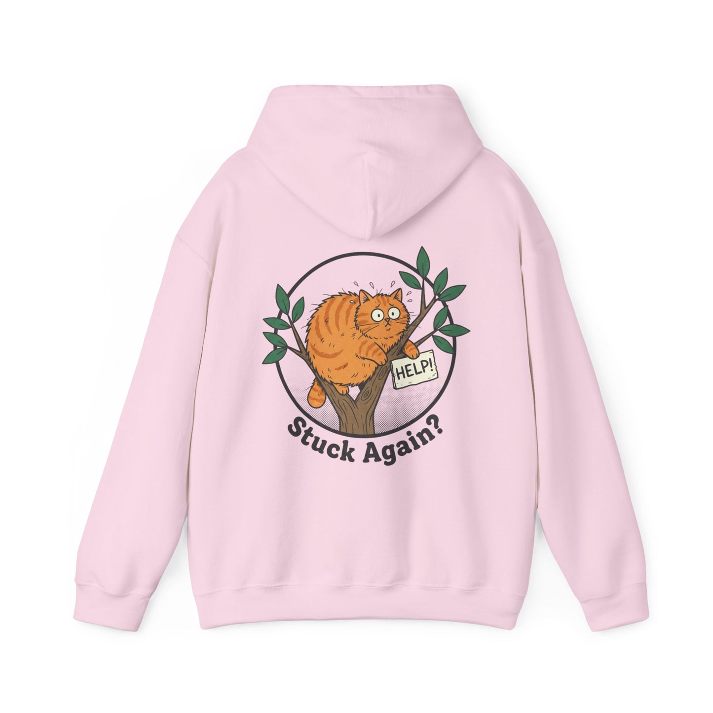 'Stuck Again?' Cat Hoodie — Funny Orange Cat in Tree Sweatshirt