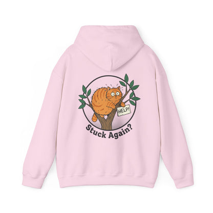 'Stuck Again?' Cat Hoodie — Funny Orange Cat in Tree Sweatshirt