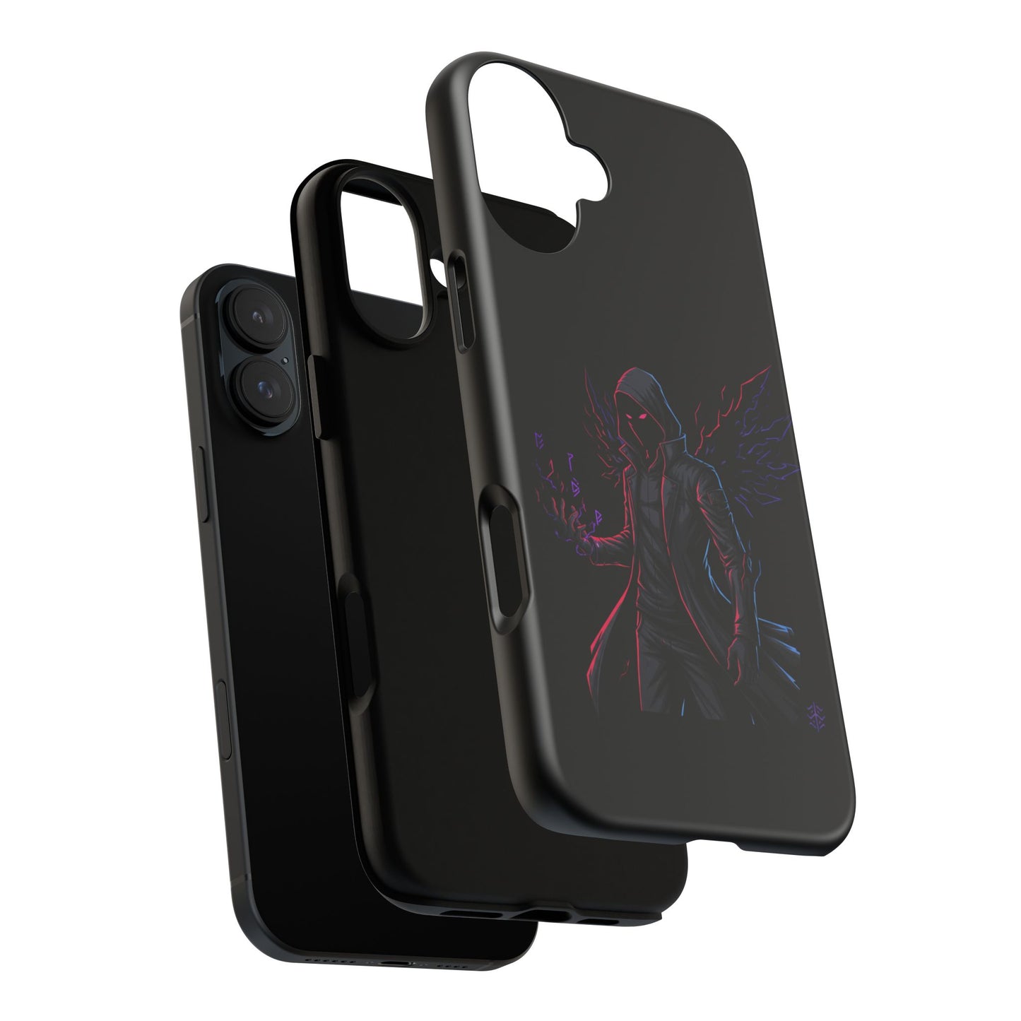 Dark Hoodie Shadow Warrior Phone Case – Protective Tough Case with Neon Winged Grim Reaper Design
