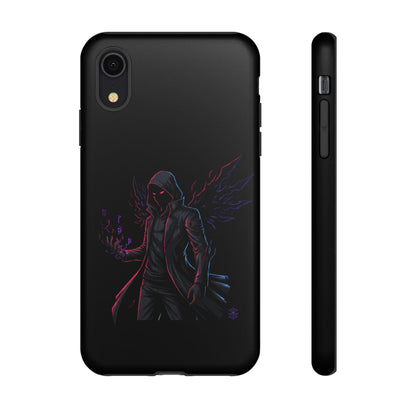 Dark Hoodie Shadow Warrior Phone Case – Protective Tough Case with Neon Winged Grim Reaper Design