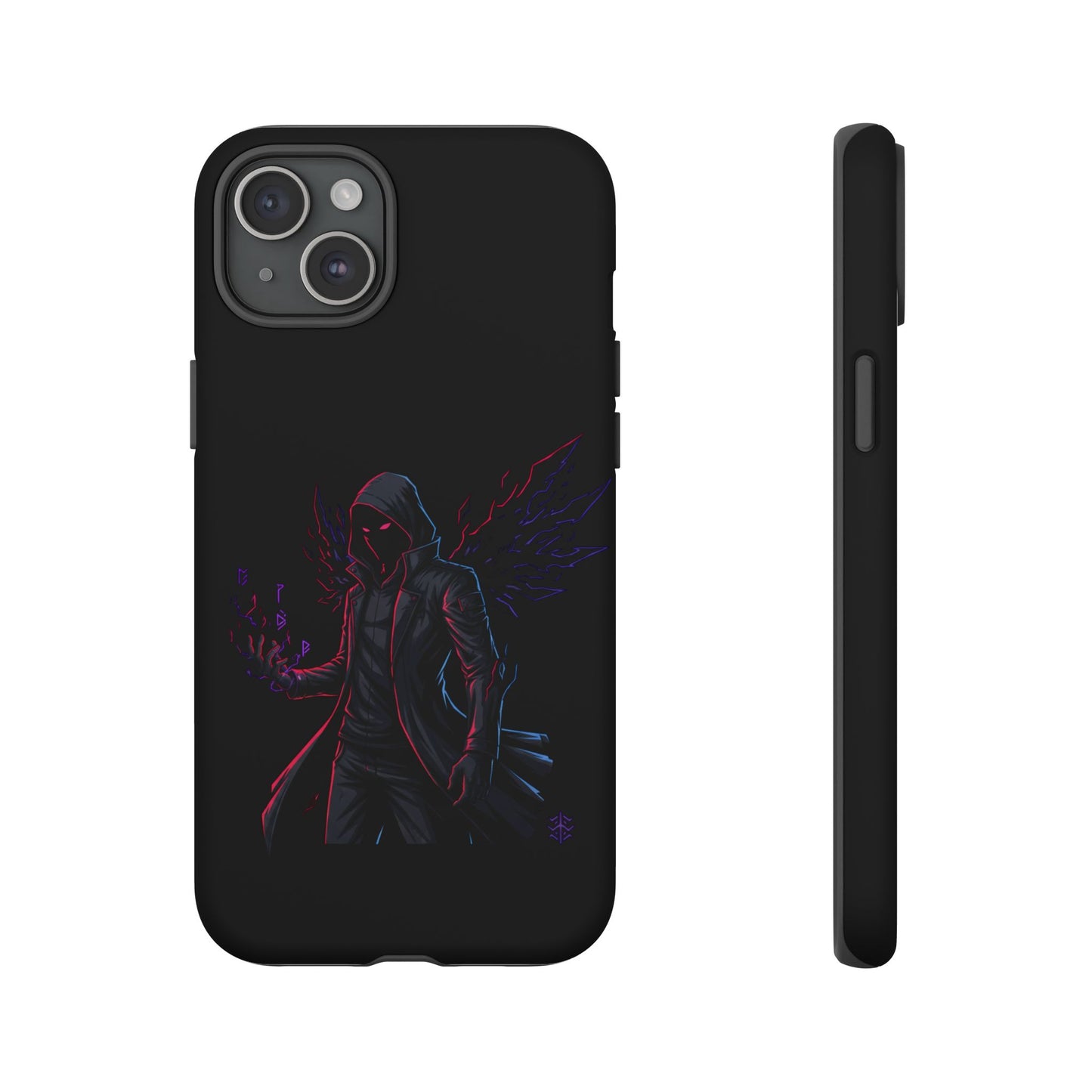 Dark Hoodie Shadow Warrior Phone Case – Protective Tough Case with Neon Winged Grim Reaper Design