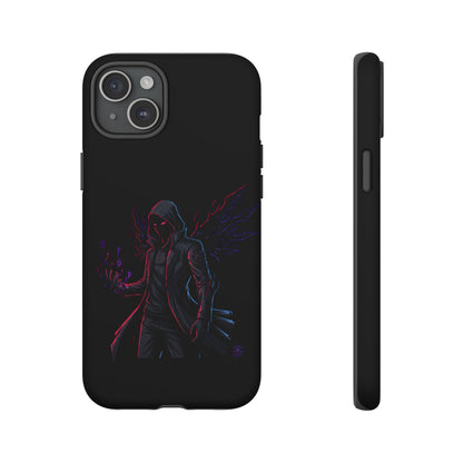 Dark Hoodie Shadow Warrior Phone Case – Protective Tough Case with Neon Winged Grim Reaper Design