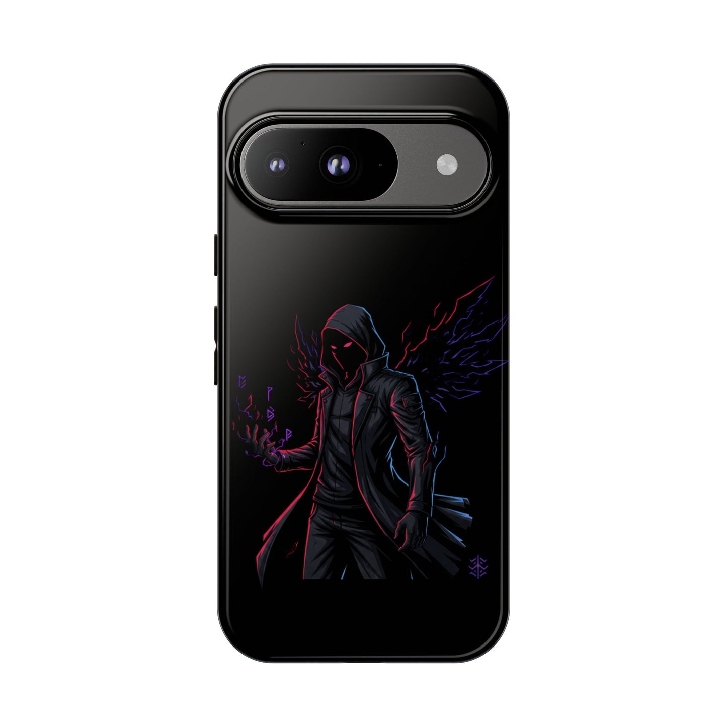 Dark Hoodie Shadow Warrior Phone Case – Protective Tough Case with Neon Winged Grim Reaper Design