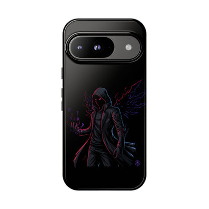 Dark Hoodie Shadow Warrior Phone Case – Protective Tough Case with Neon Winged Grim Reaper Design