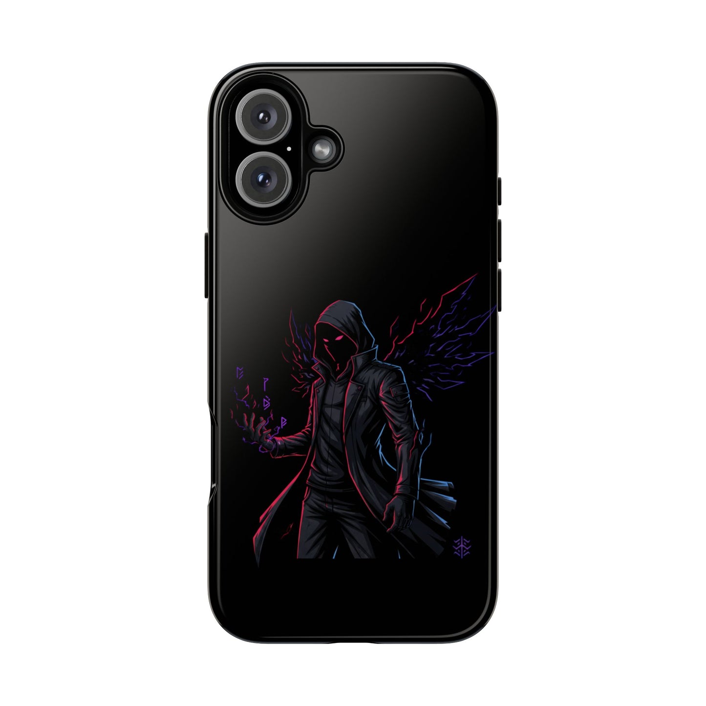 Dark Hoodie Shadow Warrior Phone Case – Protective Tough Case with Neon Winged Grim Reaper Design
