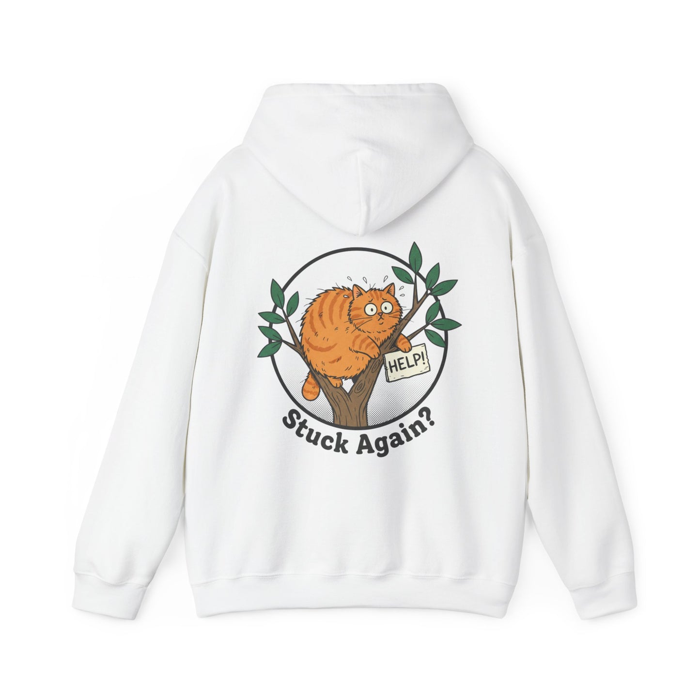 'Stuck Again?' Cat Hoodie — Funny Orange Cat in Tree Sweatshirt