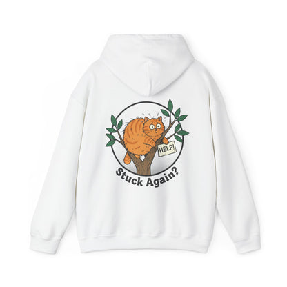 'Stuck Again?' Cat Hoodie — Funny Orange Cat in Tree Sweatshirt