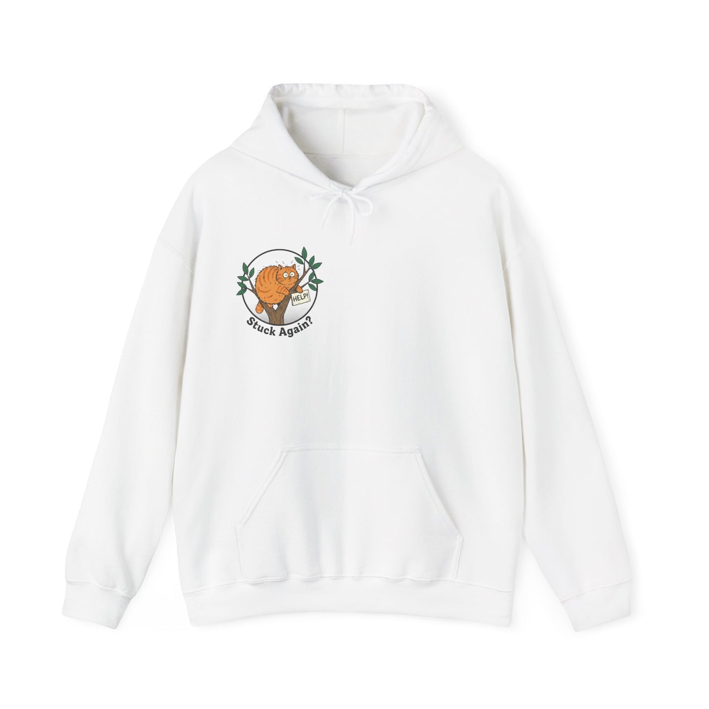 'Stuck Again?' Cat Hoodie — Funny Orange Cat in Tree Sweatshirt