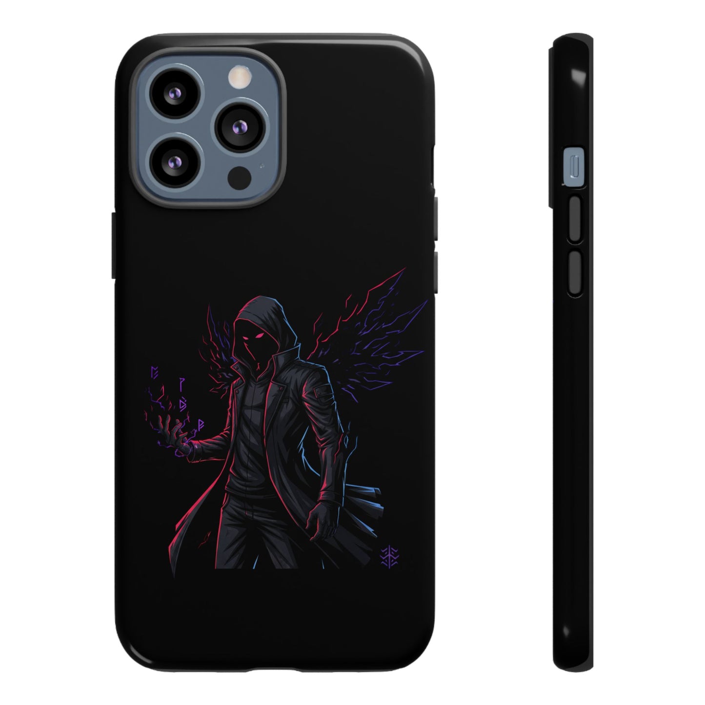 Dark Hoodie Shadow Warrior Phone Case – Protective Tough Case with Neon Winged Grim Reaper Design