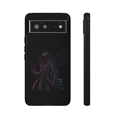 Dark Hoodie Shadow Warrior Phone Case – Protective Tough Case with Neon Winged Grim Reaper Design