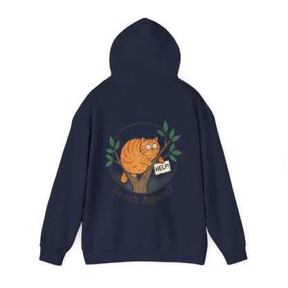 'Stuck Again?' Cat Hoodie — Funny Orange Cat in Tree Sweatshirt