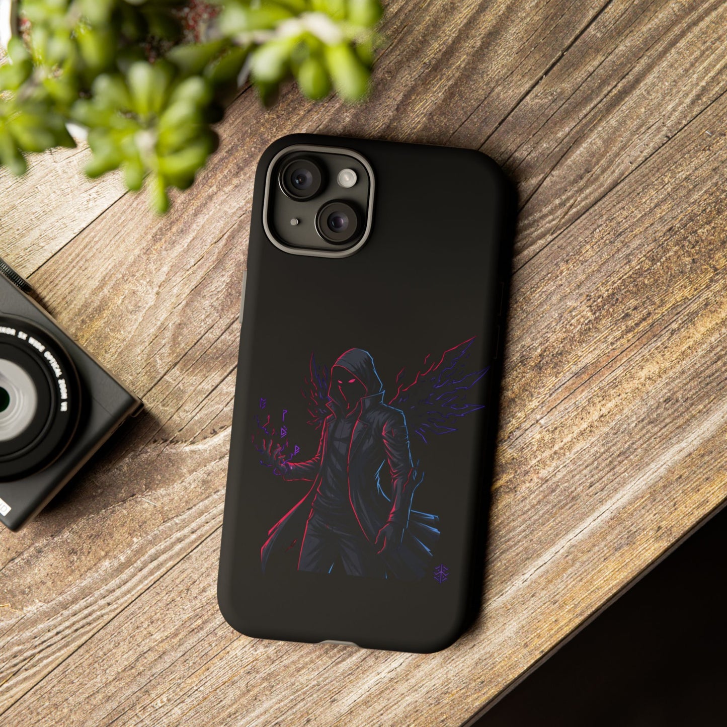 Dark Hoodie Shadow Warrior Phone Case – Protective Tough Case with Neon Winged Grim Reaper Design