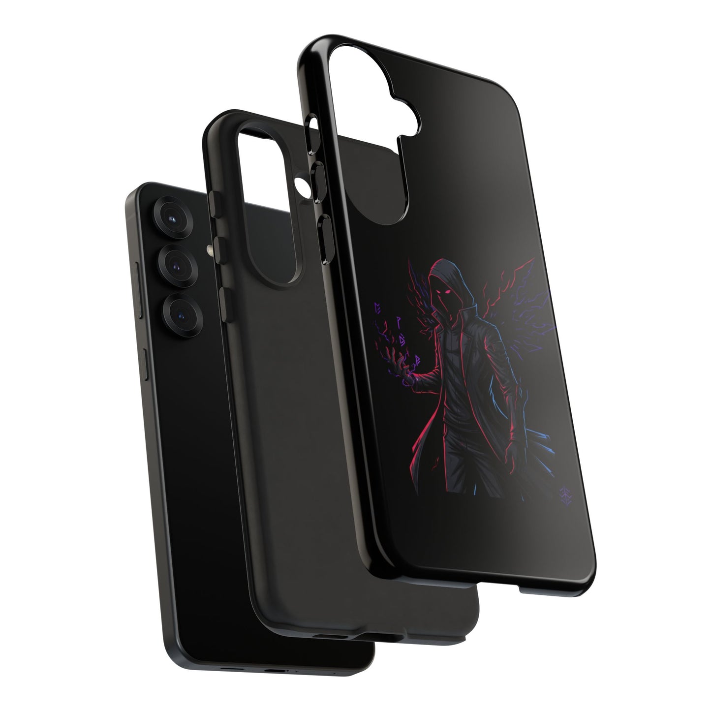 Dark Hoodie Shadow Warrior Phone Case – Protective Tough Case with Neon Winged Grim Reaper Design