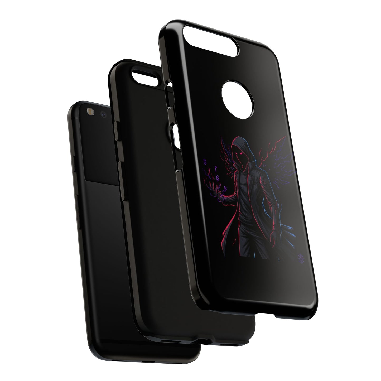 Dark Hoodie Shadow Warrior Phone Case – Protective Tough Case with Neon Winged Grim Reaper Design