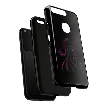 Dark Hoodie Shadow Warrior Phone Case – Protective Tough Case with Neon Winged Grim Reaper Design