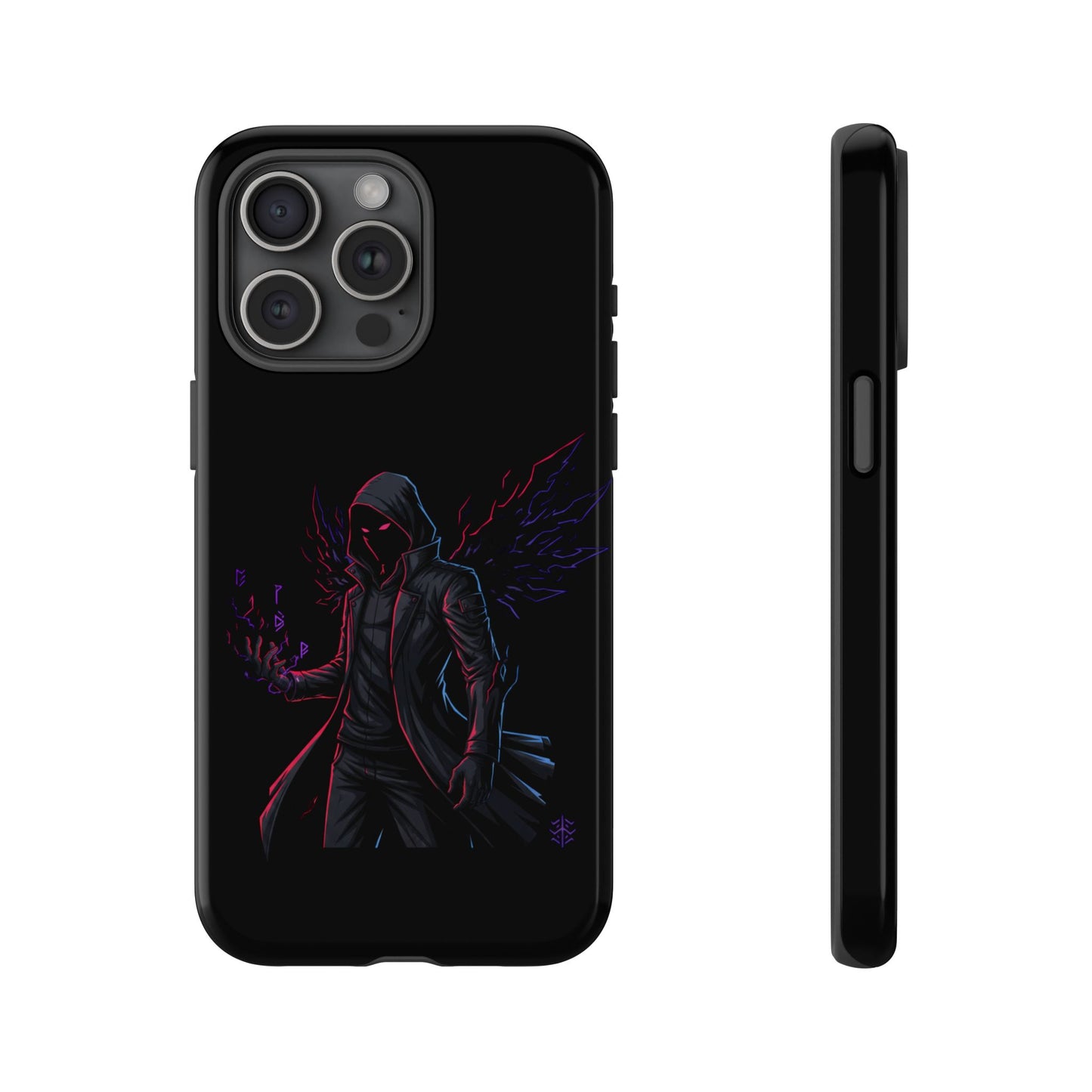 Dark Hoodie Shadow Warrior Phone Case – Protective Tough Case with Neon Winged Grim Reaper Design