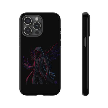 Dark Hoodie Shadow Warrior Phone Case – Protective Tough Case with Neon Winged Grim Reaper Design