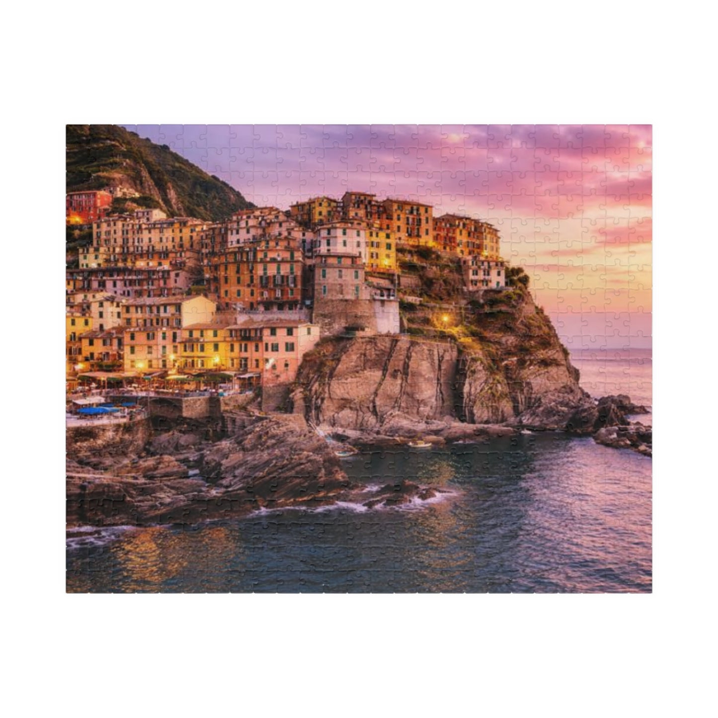 Coastal Village Sunset Puzzle — Scenic Landscape Jigsaw (110/252/520/1014 pcs)