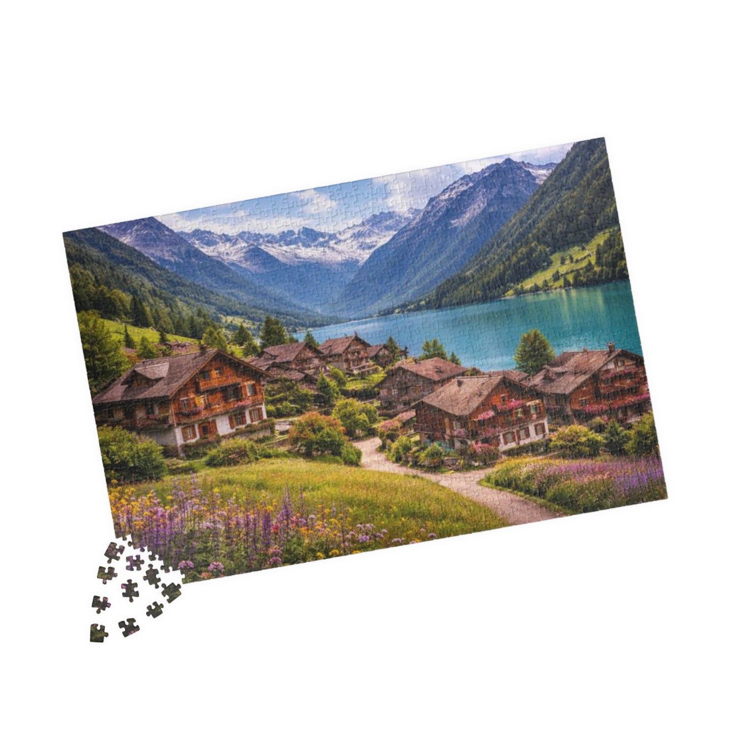 Scenic Alpine Lakeside Village Jigsaw Puzzle — 110/252/520/1014 pcs