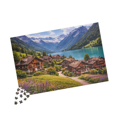 Scenic Alpine Lakeside Village Jigsaw Puzzle — 110/252/520/1014 pcs
