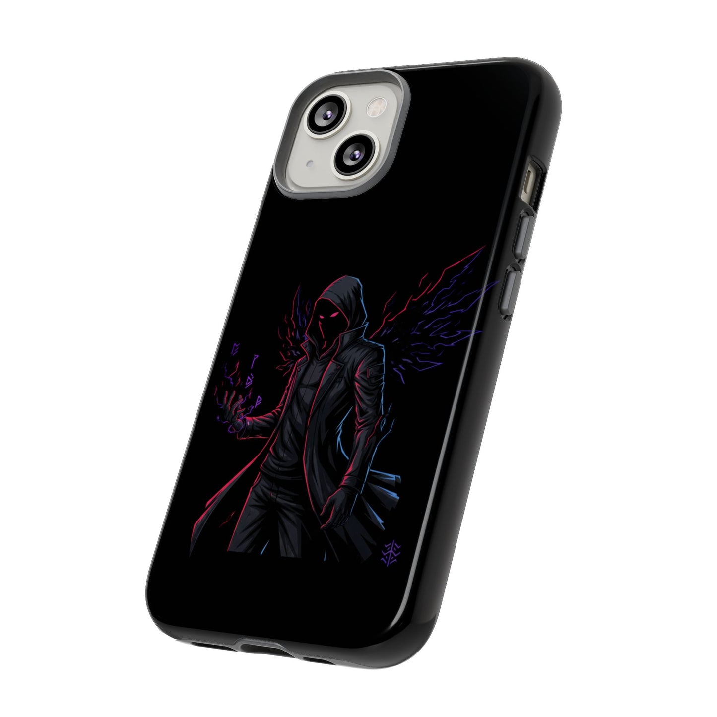 Dark Hoodie Shadow Warrior Phone Case – Protective Tough Case with Neon Winged Grim Reaper Design