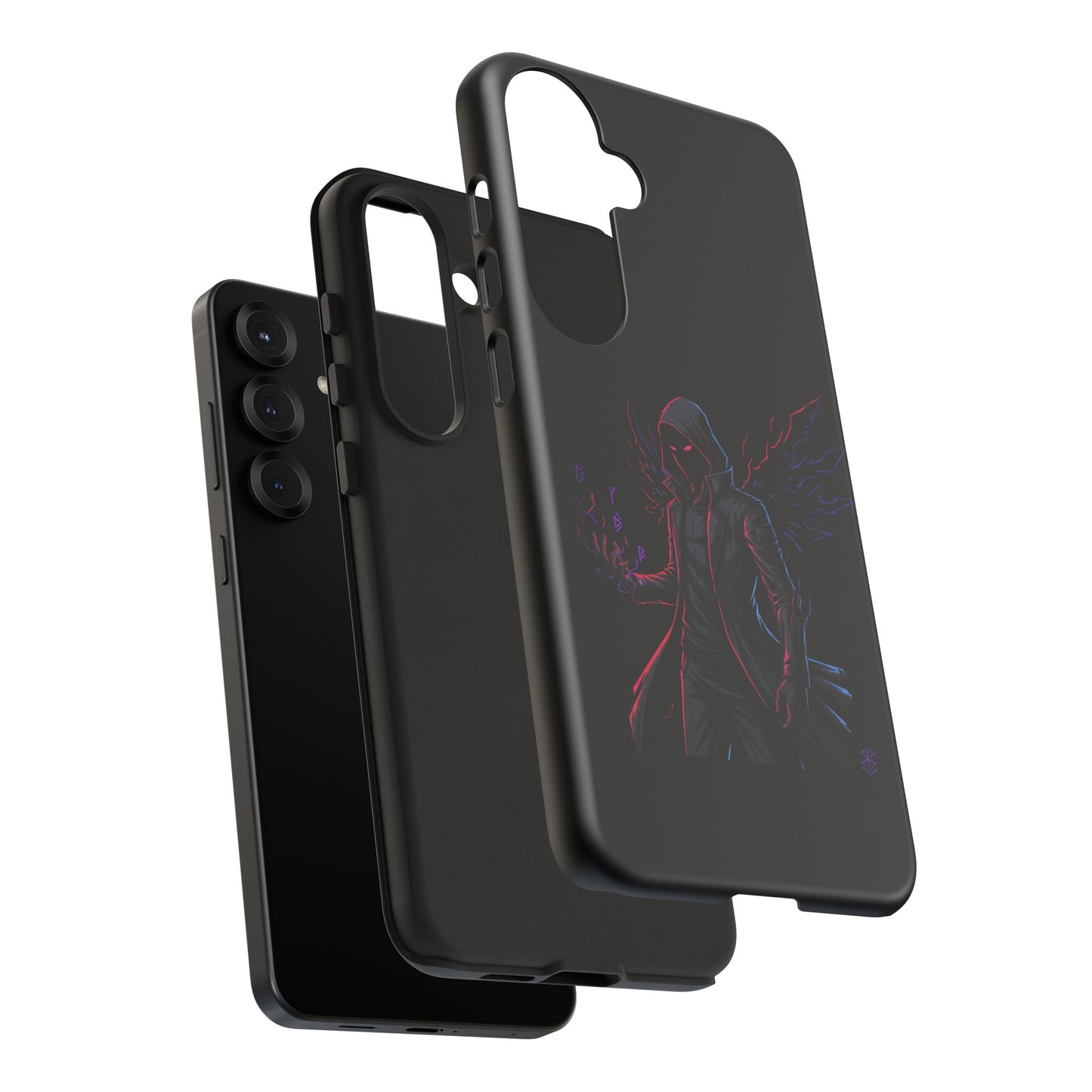 Dark Hoodie Shadow Warrior Phone Case – Protective Tough Case with Neon Winged Grim Reaper Design