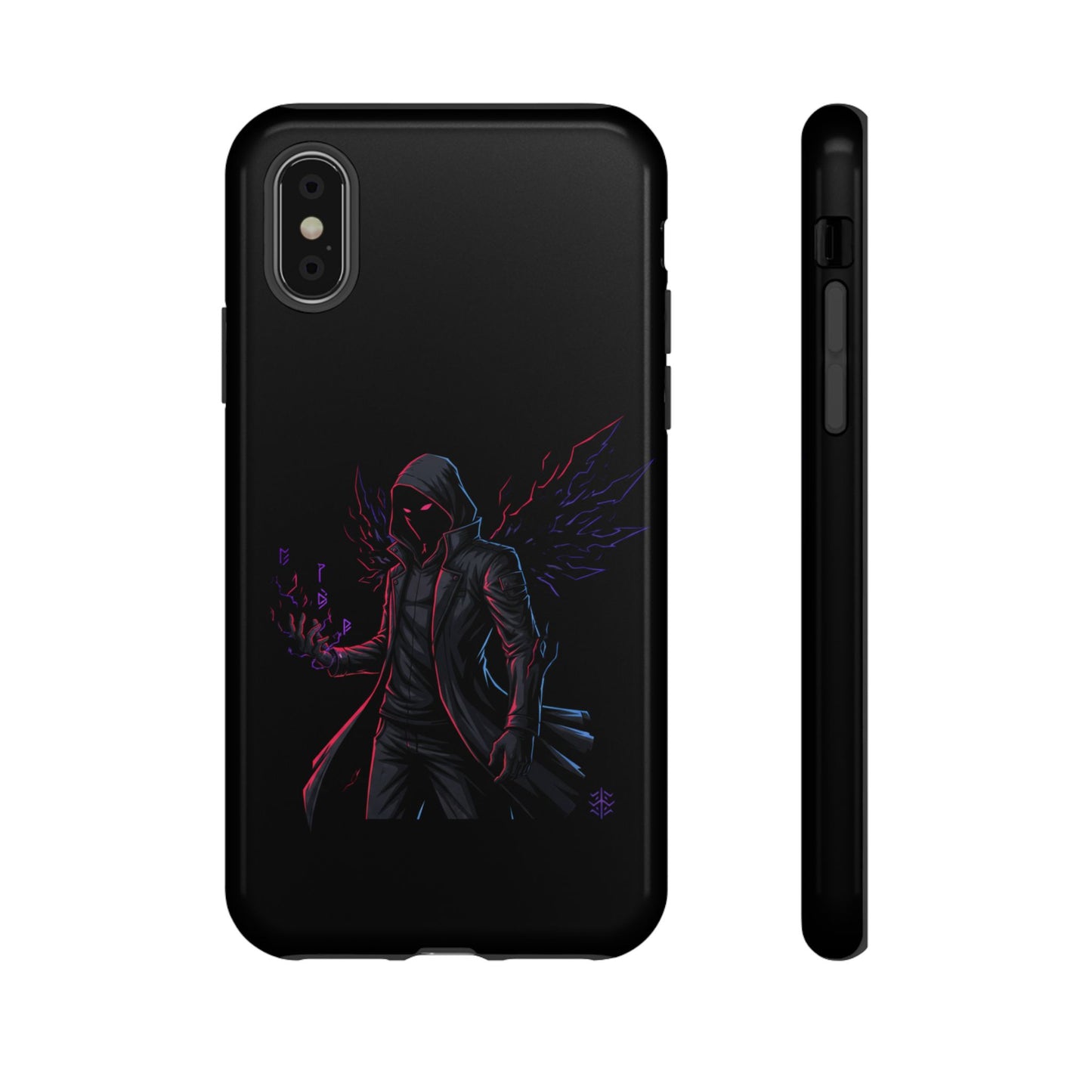 Dark Hoodie Shadow Warrior Phone Case – Protective Tough Case with Neon Winged Grim Reaper Design