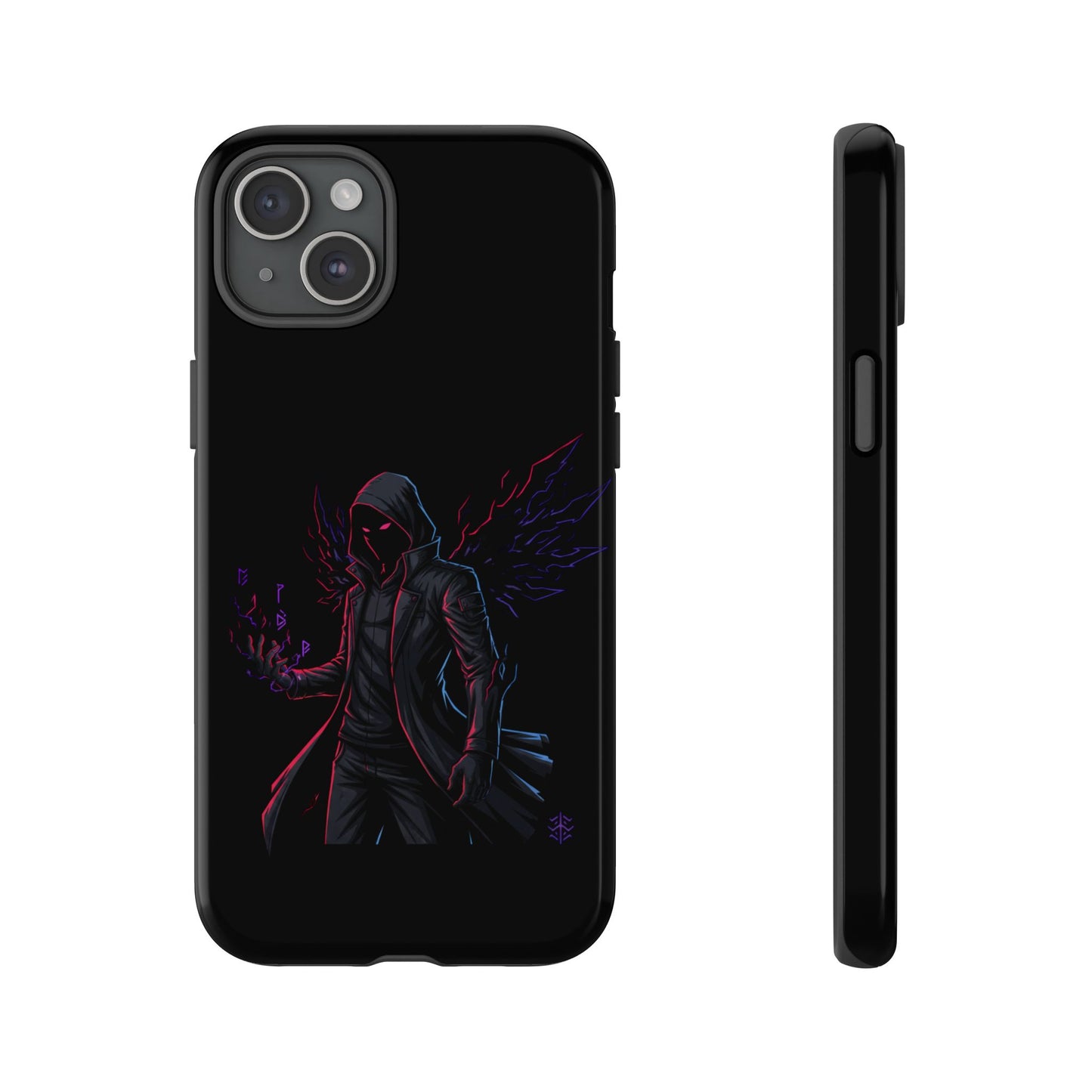 Dark Hoodie Shadow Warrior Phone Case – Protective Tough Case with Neon Winged Grim Reaper Design