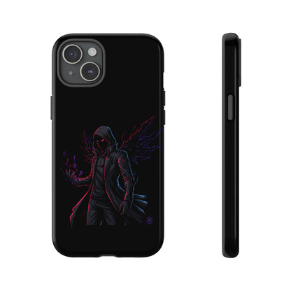 Dark Hoodie Shadow Warrior Phone Case – Protective Tough Case with Neon Winged Grim Reaper Design
