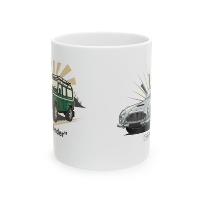 Classic Car Ceramic Mug — Vintage Land Rover & Aston Martin Illustration (11oz, 15oz)