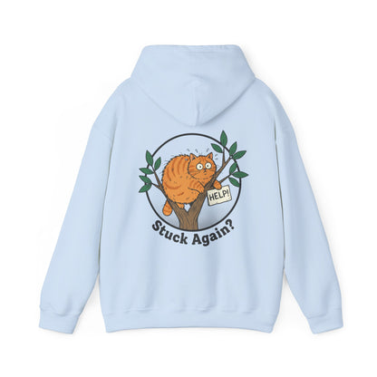 'Stuck Again?' Cat Hoodie — Funny Orange Cat in Tree Sweatshirt