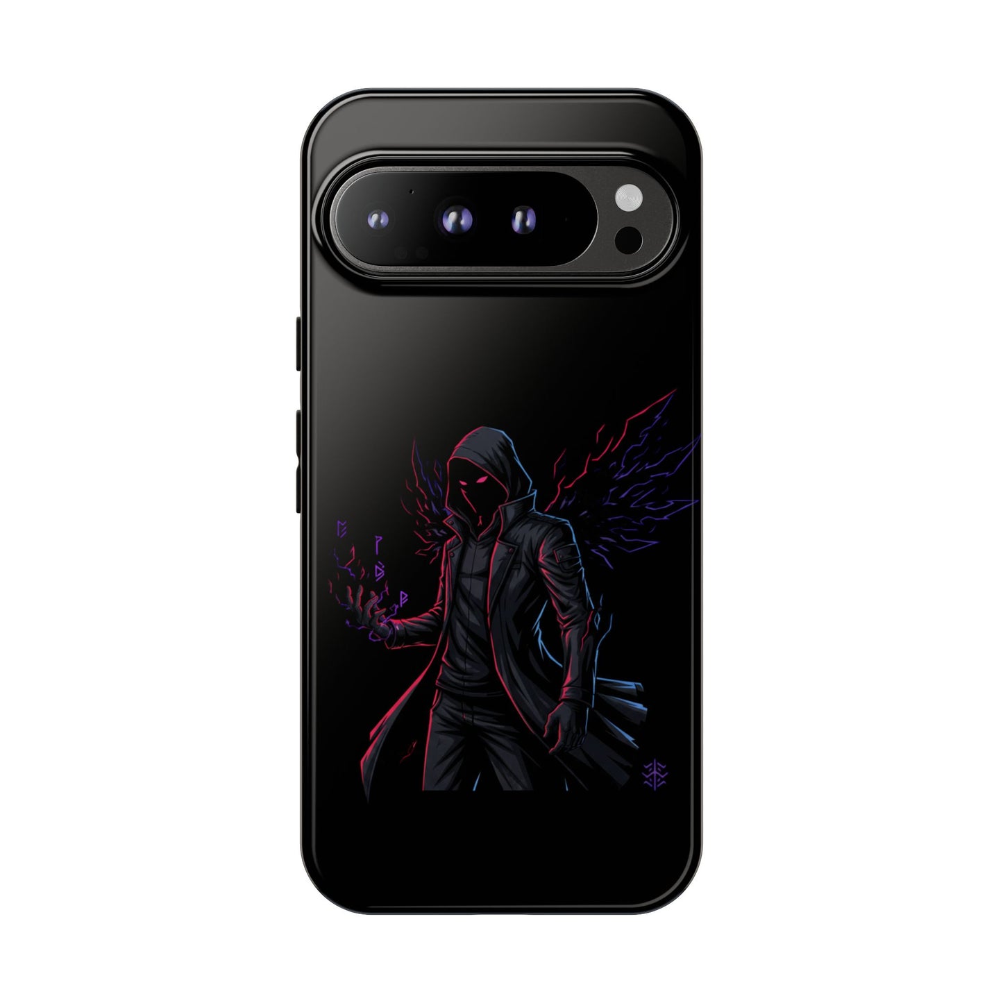 Dark Hoodie Shadow Warrior Phone Case – Protective Tough Case with Neon Winged Grim Reaper Design