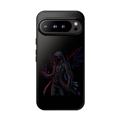 Dark Hoodie Shadow Warrior Phone Case – Protective Tough Case with Neon Winged Grim Reaper Design