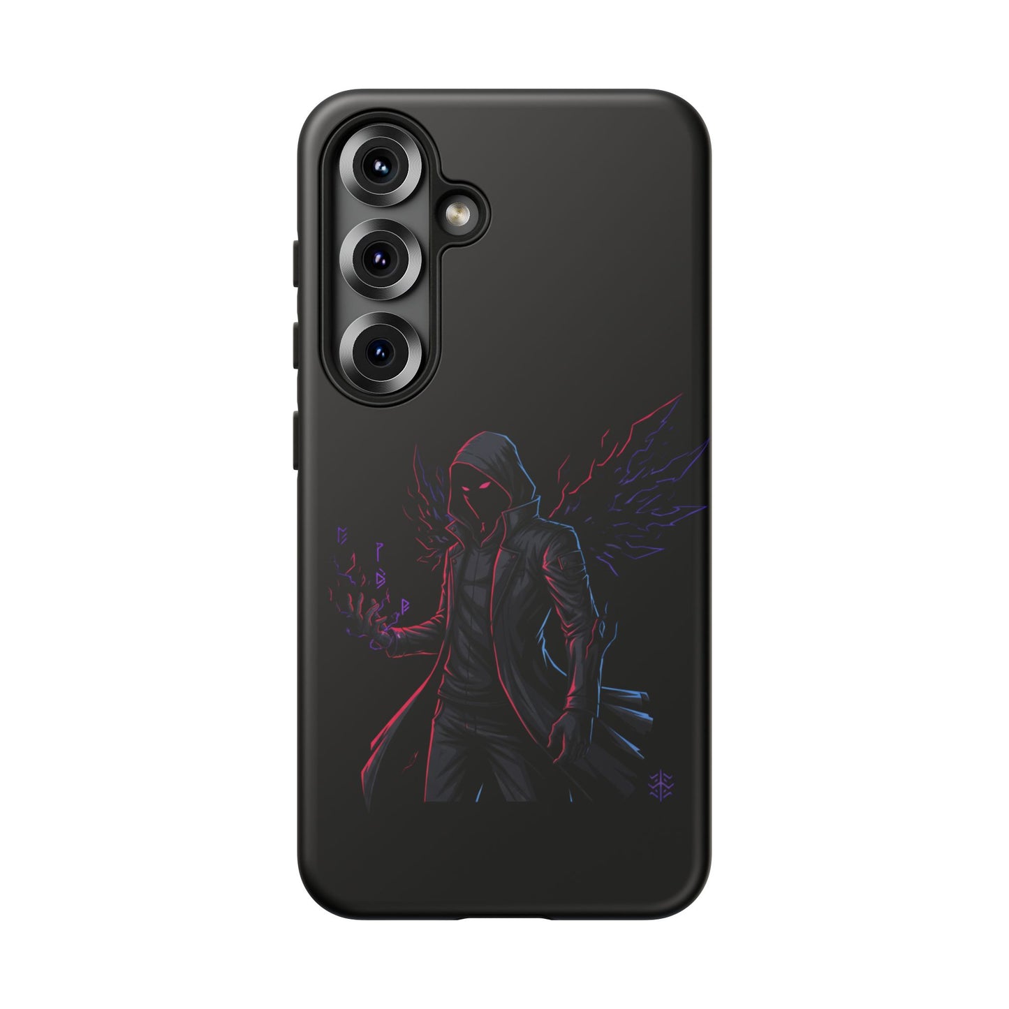Dark Hoodie Shadow Warrior Phone Case – Protective Tough Case with Neon Winged Grim Reaper Design