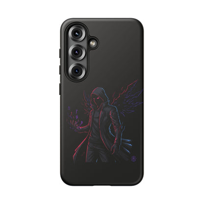 Dark Hoodie Shadow Warrior Phone Case – Protective Tough Case with Neon Winged Grim Reaper Design