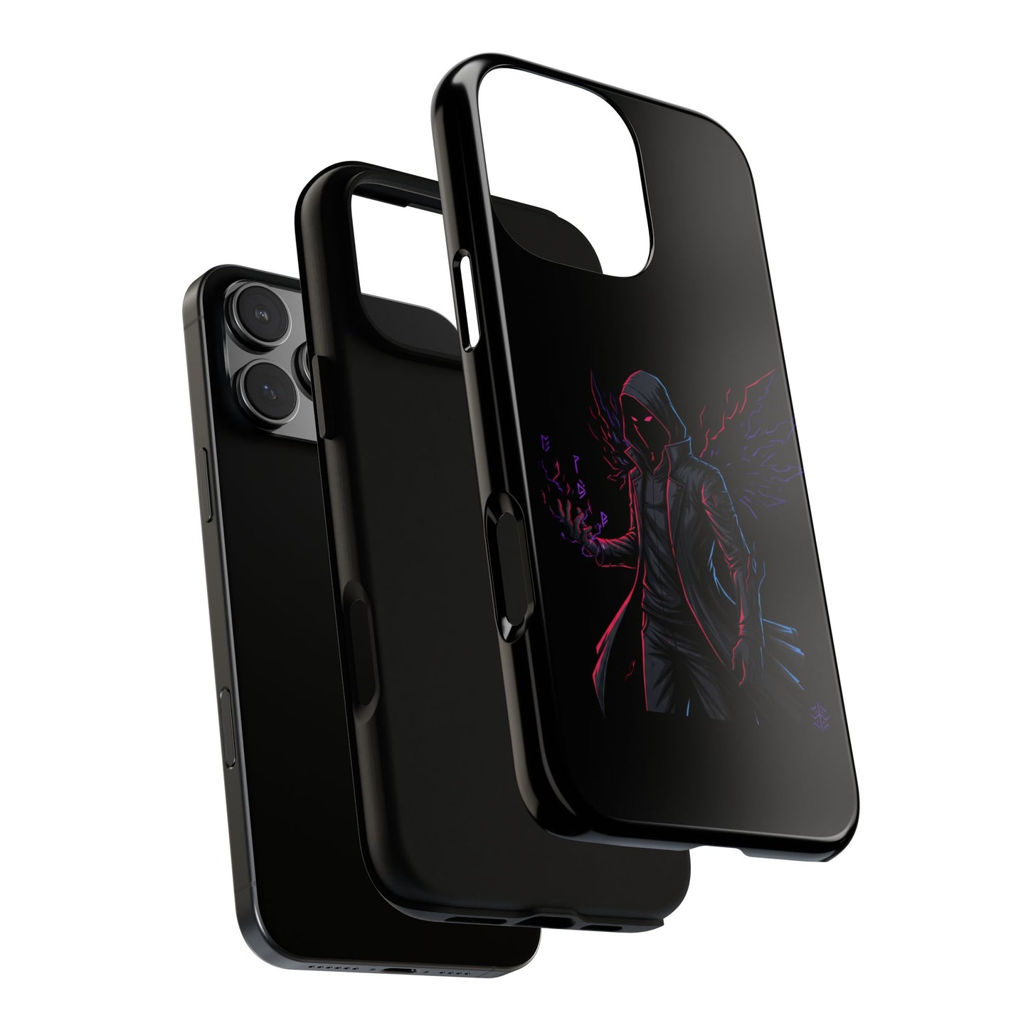 Dark Hoodie Shadow Warrior Phone Case – Protective Tough Case with Neon Winged Grim Reaper Design